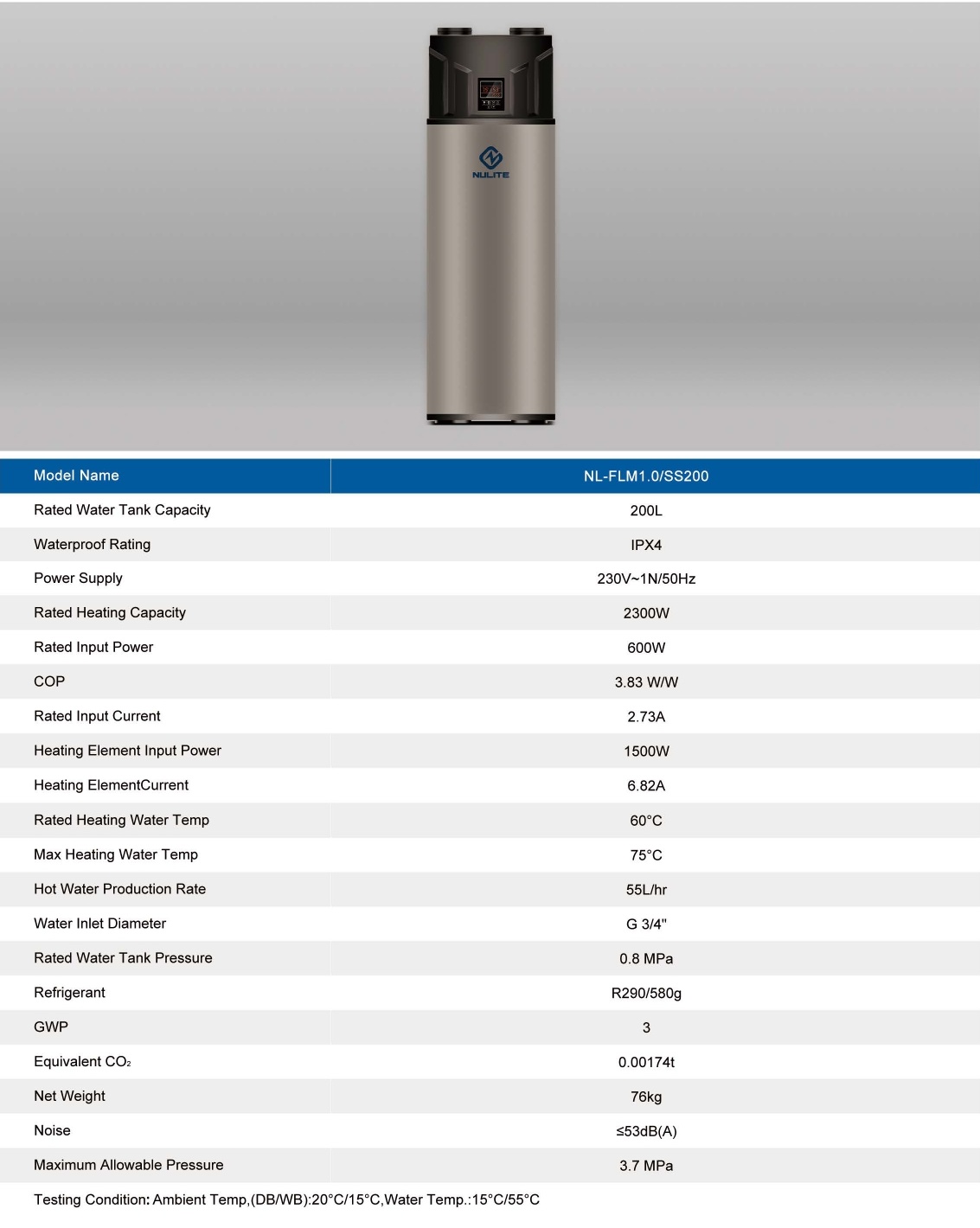 R290 75°C Stainless Steel SUS304 200L Domestic Hot Water Heat Pump 4